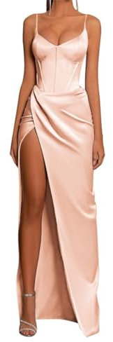 Robe de bal en satin pour femme avec bretelles spaghetti, robe de soirée formelle avec col en V fendue, rose gold, 48