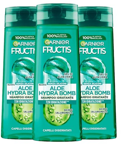 Garnier Fructis Aloe Hydra Bomb Feuchtigkeitsspendendes Shampoo für dehydriertes Haar mit Aloe Vera Gel und Hyaluronsäure 72H Feuchtigkeitsspendende vegane Formel ohne Silikone - 3 Flaschen à 250 ml