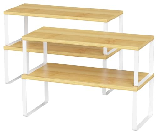 LIANTRAL Lot de 4 organiseurs de placard de cuisine, étagères de rangement en métal et bois, extensibles et empilables pour placard, comptoir, garde-manger, largeur 39,6 cm, naturel et blanc