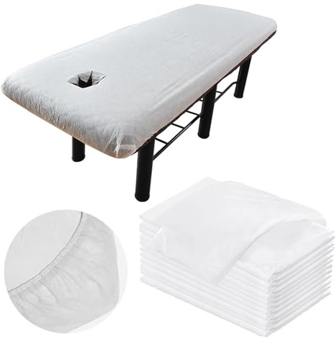 10 Stück Einweg Massageliege Spannbezug mit Loch 100 X 215 cm Weiches Atmungsaktiv Massagebett Bezug Wasserabweisend Ölresistente SpannBezug für SPA Kosmetik Tische Tattoo Massagesalon
