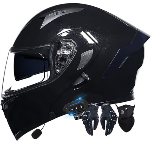 Klapphelm Motorrad mit Bluetooth, Motorradhelm Integrierter Bluetooth-Helm ECE Zertifiziert Moped Full Face Helm Rollerhelm Anti-Fog-Doppelspiegel für Damen Herren 55~62cm