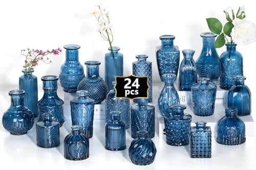 Vases à fleurs en verre, lot de 24, mini vases pour centres de table, bouteilles vintage pour décorations de table, décoration de mariage, pour la maison, transparents (24, Bleu)