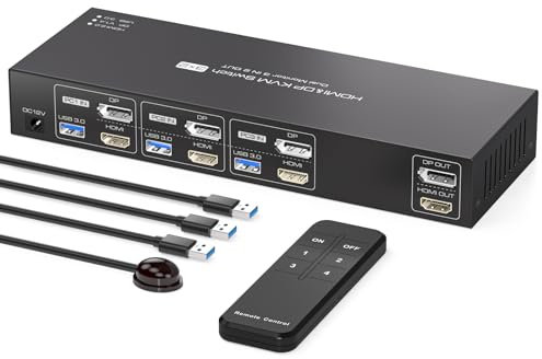 PVBCTCSID Conmutador KVM 3 PC 2 Monitores HDMI Displayport 4K60Hz KVM Switch HDMI2.0 DP1.4 Para 3 Ordenadores Que Comparten Dual Monitor Y 4 Dispositivos USB 3.0 Con Mando A Distancia Por Infrarrojos