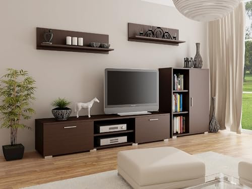 Per la vita Schrankwand Szopen – Modernes Regalwohnzimmer Set in Wenge - Möbel Modern mit integriertem Wohnzimmerschrank, TV Schrank, Sideboard & Wandregal