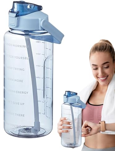 Eoixuqba 2L Gourde Sport, Water Gallon, Gourde Transparente Anti Fuite En Plastique, Avec Paille Et Marqueur De Temps Motivationne, Bouteille Avec Manchon En Silicone, Pour Le Camping, Cyclisme