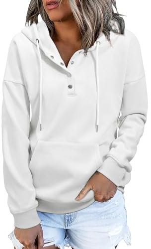 heekpek Felpa con Cappuccio Donna Scollo a V e Bottoni Comoda Felpa Invernale Casual Calda Felpe in Pile Donna, Bianco, S