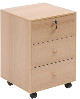 Small Mobile File Cabinet, Home Office Under Desk Drawers, File Storage Unit, Office Pedestal, Under Desk Unit, Small Bedside Drawers Cabinet on Casters (Top Drawer Lockable, Natural)