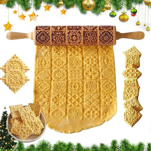 UQTUKO Geprägte Nudelholz, Teigroller Weihnachten Präge Nudelholz mit Muster 3D Holz Nudelhölzer DIY Küchenwerkzeug für Gebäck Cookie Bäck Küchen