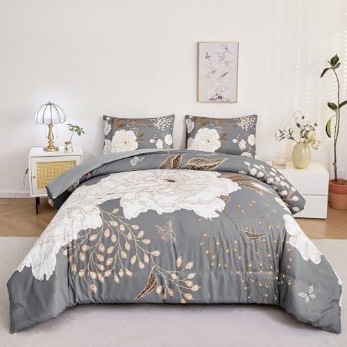 STYHO Duvet Cover Sets Floral Super King 3 Pcs Dark Grey Gold Blossom Flower Bedding Sets Soft Luxury Botanical Butterfly Duvet Covers for All Seasons(Dark Grey, Super King)