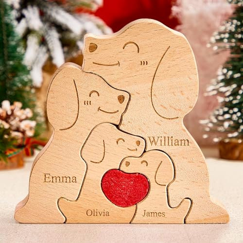VEELU Personalisiertes Holzkunstpuzzle der Hundfamilie mit 2-8 Namen| Holz Bär Skulpturen Desktop Ornament Home Tischdekoration, Geschenk für Familie, Muttervatertag Geburtstag