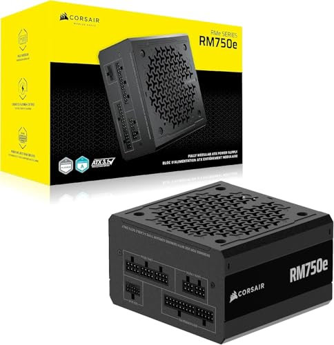 CORSAIR RM750e (2025) Fuente de alimentación ATX Totalmente Modular de bajo Ruido con Cable de 12V-2x6, Compatible con ATX 3.1 y PCIe 5.1, eficiencia Cybenetics Gold, condensadores Clasificados a 105