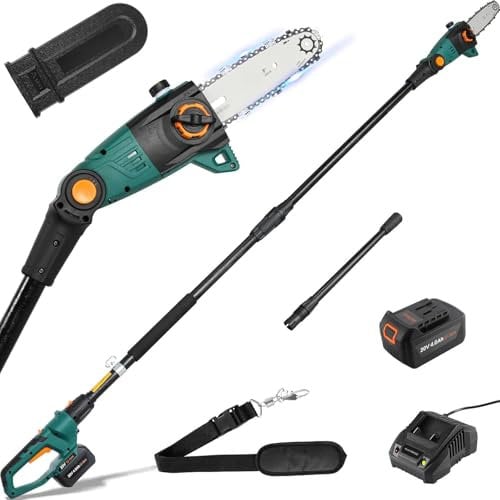 Potatore Telescopico, Sega Potatrice Elettrica, Sega ad Asta a Batteria, Batteria 20V 4Ah e Caricabatterie, Lama 20cm, Velocità Catena 5 m/s, Auto-Lubrificante, Testa Inclinabile, incl. Tracolla, 4 M