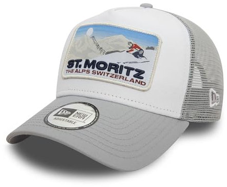 New Era St. Moritz Berretto da Camionista Sci Sport Invernali Maglia Regolabile Visiera Curva Cappellino Bianco Grigio