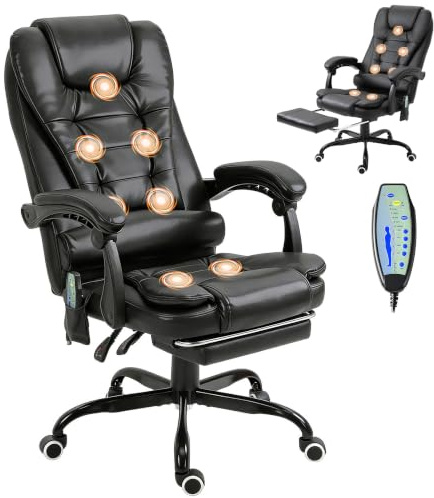Vinsetto Silla de Oficina con 7 Puntos de Masaje, Giratoria, Negro | Silla de Escritorio, Reposapiés Retráctil, Altura Ajustable, Control Remoto, Tejido de PU