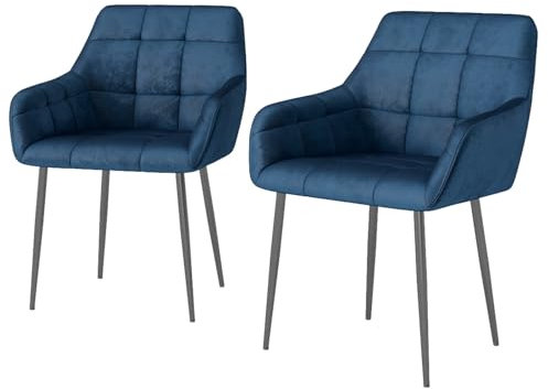 Eccellensedie Lot de 2 chaises de salle à manger, cuisine, confortables, rembourrées, en velours, avec accoudoirs et pieds en métal, bleu