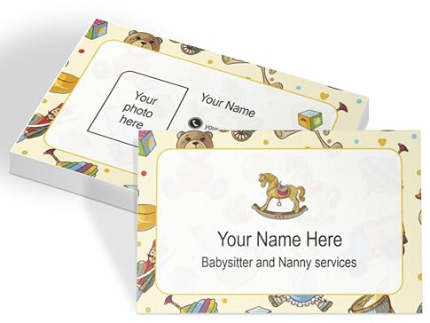 Individuelle Vorder- und Rückseite Babysitter-Visitenkarten mit Ihrem Namen, Telefonnummer Personalisiertes gelbes Babyspielzeug-Design für Babysitter-Dienste Zwei Seiten, Glänzend Matt Laminiert