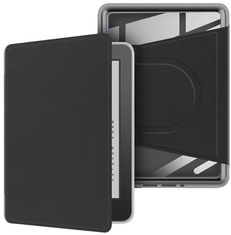 Custodia magnetica rimovibile girevole a 360° con supporto e accensione e spegnimento automatico per Kindle 10a generazione da 6 (versione 2019), cover posteriore trasparente, nero