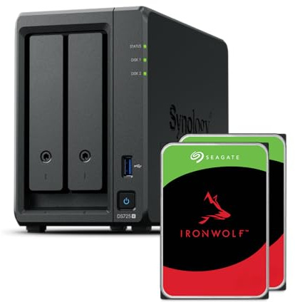 Synology DS725+ Bundle 16To (Seagate Ironwolf 2X 8To) Série 2 Bay Plus avec Ryzen R1600, 4 Go de RAM (32 Go max), 1 x 2,5 GbE, 1 x 1GbE, 2 x emplacements M.2 NVMe. Extension DX525 disponible via