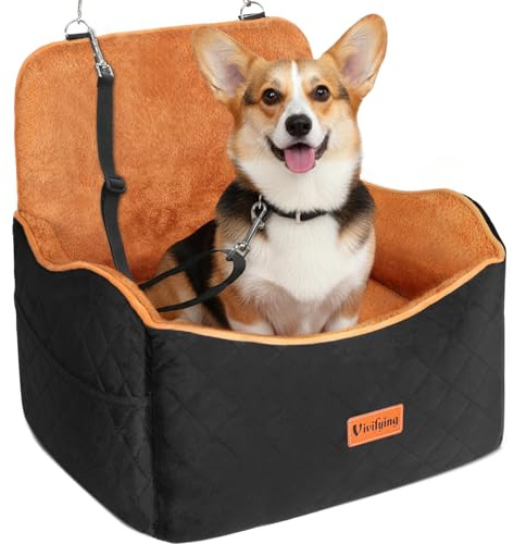 Vivifying Dog Car Seat, Memory Foam Dog Booster Seat (Black&Brown) | for Small&Medium Up to 16KG, Detachable & 10CM Height Elevated with Storage Pockets