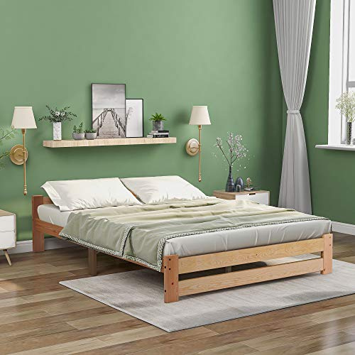 DACHETOU Solide Massivholzbett, Natur 140x200cm, Futonbett Massivholz Natur Bett aus mit Kopfteil und Lattenrost, ohne Matratze