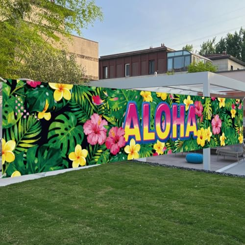 PRESSINART Hawaii Aloha Party Banner Aloha Party Hintergrund 118 x 19,7 Zoll Tropische Pflanzen Blüten Muster Polyester Garten Hintergrund Mit 10M Schnur Für Außen Innen Haus Dekorationen Zubehör