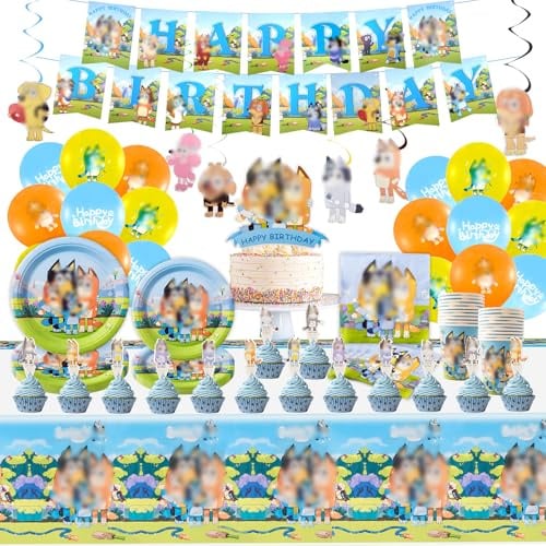 101 Pezzi Blue Decorazione di Compleanno, Set di Stoviglie con Piatti Tovaglie Tovaglioli Palloncini, Decorazioni per Feste di Compleanno per Bambini e Ragazze