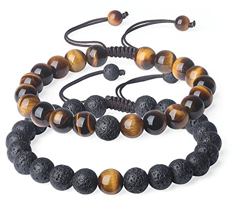 COAI Bracelet Couple Pierres Véritables Pierre de Lave Œil de Tigre Jaune Cordon Ajustable