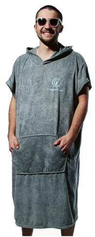Penguin Poncho nachhaltiger Badeponcho in Einheitsgröße (S - XL) - kuscheliger Surf Poncho mit Kapuze, Bauchtasche und Tragebeutel - Umkleidehilfe, Handtuch Poncho, Badetuch, Bademantel (hellgrau)