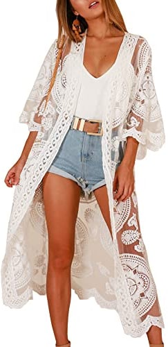 Women’s Lace Kimono Swimsuit Cover Up Beachwear Bikini Coverup Long Sheer Floral Bathing Suit Summer Holiday Beach Dress