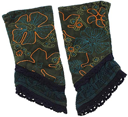 Kunst und Magie Damen Samt Armstulpen Stulpen Handwärmer Handschuhe mit Spitze, Farbe:Grün