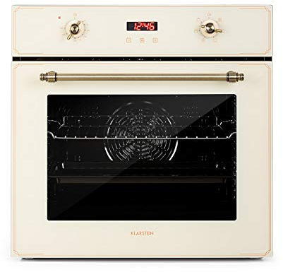 KLARSTEIN Elizabeth - Four électrique encastrable, style rétro, 70L, CEE A, indépendant, convection/chaleur voûte/sole/gril, 2200W, 50-250 °C, bouton rotatif et poignée aspect laiton - crème