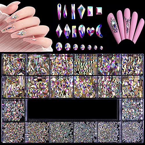 Kit de strass d'art d'ongle 3100pcs,cristaux de strass d'art d'ongle de mélange 3D 12 types de 600 diamants de forme spéciale+2500 strass d'ongle pour les ongles en acrylique avec le stylo de forage