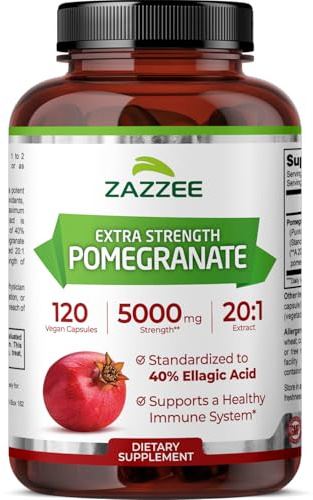 Zazzee Extra Strength Pomegranate 20:1 Extract, 40% Ellagic Acid, 120 Vegan Capsules, 4 Month Supply, Punica Granatum, Antioxidant & Cellular Health Support, Non-GMO, Made in the USA