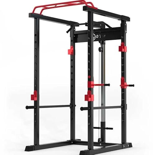 HyGYM Multi Gym Squat Rack Heavy Duty Weight Lifting Power Cage with Pull Up Bar and Cable Pulley system (Red)