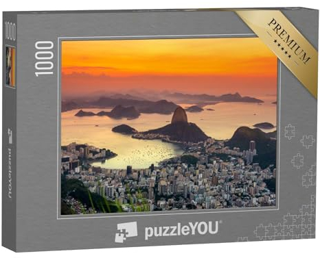 puzzleYOU: Puzzle 1000 Teile „Sonnenuntergang: Blick auf den Berg Zuckerhut, Rio de Janeiro, Brasilien“ – aus der Puzzle-Kollektion Brasilien, Aus Aller Welt