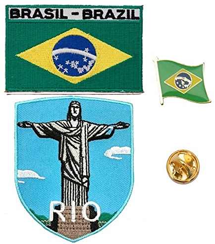 A-ONE 3 Stück – Brasilien Rio de Janeiro Cristo Redentor Patch + Stickerei und Anstecknadel Brasilien-Flagge Rio Jesus Statue, neue 7 Wunder, Metall-Abzeichen Nr. 208B