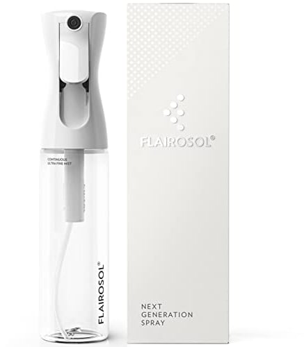 FLAIROSOL, The Original, Spray Bottle, Continuous Mister for Hair and Beauty, Home care and 1,001 uses. Trusted by Professionals. Patented Technology. 300ml, Clear Bottle, Black Print
