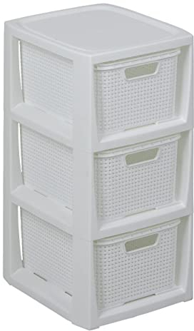 BranQ - Home essential Regal in Rattan Design, BPA-freie Kunststoff PP, Weiß, 29,5x24x48,7 cm, 3 Körben