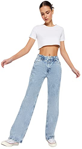 Trendyol Blue Detailed High Waist 90's Wide Leg Jeans, 42 De Las Mujeres