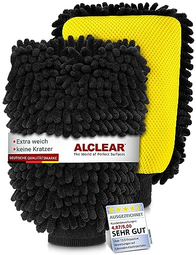 ALCLEAR 95C2 Chenille Zottelhandschuhe – 2er Set Mikrofasertücher zur Autopflege – 22x17 cm Waschhandschuh aus 80 % Polyester & 20 % Polyamid – weich, fusselfrei, lackschonend – für Auto & Motorrad