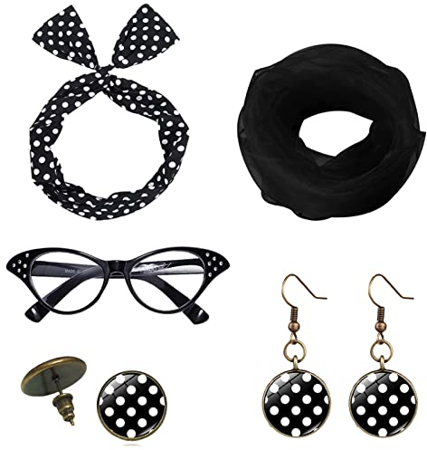 5TLG 50er jahre damen accessoires rockabilly zubehör schwarz mit Chiffon Schal Katzen Auge Brille Polka Dot Bandana Krawatte Stirnband Ohrringe Ohrstecker für 60er jahre kleidung 1950s Kostüm Set…