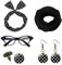 5TLG 50er jahre damen accessoires rockabilly zubehör schwarz mit Chiffon Schal Katzen Auge Brille Polka Dot Bandana Krawatte Stirnband Ohrringe Ohrstecker für 60er jahre kleidung 1950s Kostüm Set…