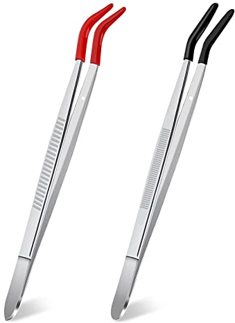 Grevosea 2 Stück Pinzette Lang Edelstahl Tweezers Gebogene Pinzette Mit Gummispitzen Rubber Tip Edelstahl-pinzette Mit Gummispitzen Zegebogene Spitze Pinzette für Reparatur Schmuck Bastelwerkzeug