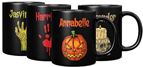 Tazze di Halloween personalizzate per adulti o bambini, diversi disegni disponibili, tra cui simpatici disegni per bambini piccoli, decorazione per feste di Halloween, tazza nera con nome e immagine