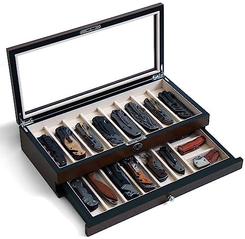 Bonaking Messer-Vitrine, 2-stöckige Taschenmesser-Aufbewahrung für 15–17 Messer, Walnussholz-Finish, Schmuck-Flanell-Futter, Glasfenster, Organizer und Sammelbox, Herren-Geschenk