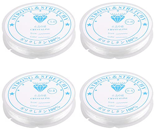 Svalor 4X Spule 0.5mm/0.6mm/0.8mm/1mm Elastisch Schmuckfaden Gummifaden, Transparent Faden Reißfest Angelschnur mit Perlennadel und Schere Für Perlenschmuck Armbänder(38m, Größen)