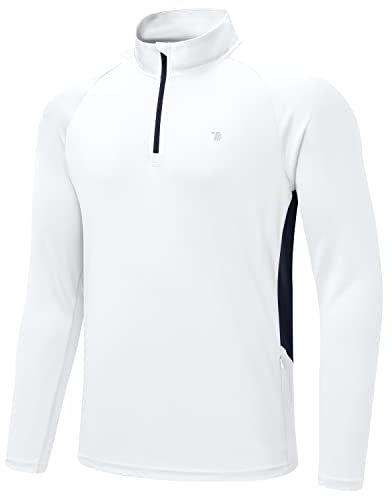 Rdruko Mens 1/4 Zip Training Top Long Sleeve Golf Polo Shirts Breathable Running Sport Gym T Shirts Summer Watersport Rash Guards White+Navy XXL