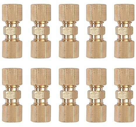 Bohaner 3/16 (4.75mm) Brass Brake Line Compression Fitting Union 10-Pack — Straight Brake Pipe Connector for Steel Copper Kunifer Lines, Heavy Duty Corrosion Resistant