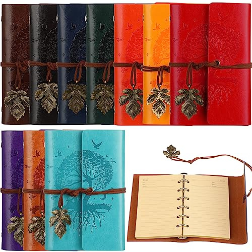 Teling 10 Stück PU-Leder-Tagebuch, Baum, Vintage, nachfüllbar, Reisetagebuch, rustikales gebundenes Tagebuch, tägliches Schreiben, Notizblock mit linierten Seiten, Geschenke für Männer und Frauen (A7,