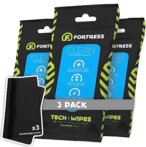 Fortress Electronic Cleaning Wipes with Microfibre Cloth (25ct, Pack of 3) To-Go Tech Wipes for Screens, Phones, Keyboards, TV Monitors, Computer Screens and More [Travel Size] Skin Safe